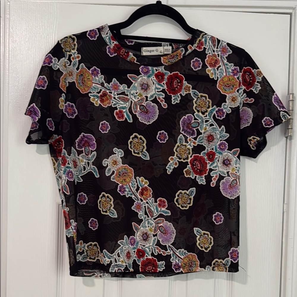 Ginger G Black Floral Mesh Top